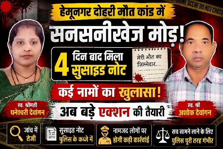 बिलासपुर दोहरी मौत कांड: 4 दिन बाद मिला सुसाइड नोट, कई नामों का खुलासा, सनसनीखेज मोड़