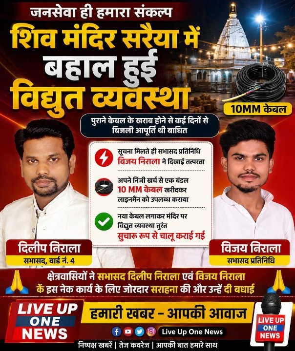 निजी खर्च से मंदिर में बहाल कराई बिजली, सभासद प्रतिनिधि की सराहना