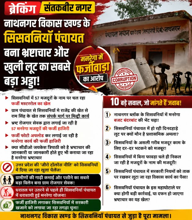 हेडलाइन:
संतकबीर नगर: सिसवनियाँ पंचायत में मनरेगा कार्य में फर्जी मस्टररोल और हाजिरी का आरोप, जांच की उठी मांग

संक्षिप्त खबर:
संतकबीर नगर। नाथनगर विकास खंड की सिसवनियाँ ग्राम पंचायत में मनरेगा कार्यों में कथित अनियमितताओं के आरोप सामने आए हैं। शिकायत के अनुसार, संपर्क मार्ग पर मिट्टी कार्य में 57 मजदूरों के नाम पर फर्जी मस्टररोल तैयार करने, फर्जी फोटो अपलोड कर हाजिरी दर्ज करने और बिना वास्तविक कार्य के भुगतान कराने का आरोप लगाया गया है। शिकायतकर्ताओं ने पूरे मामले की निष्पक्ष जांच कर दोषियों के विरुद्ध कार्रवाई की मांग की है। हालांकि, संबंधित अधिकारियों की ओर से इन आरोपों की आधिकारिक पुष्टि नहीं हुई है।

#टैग:
#SantKabirNagar #नाथनगर #सिसवनियाँ #मनरेगा #MGNREGA #भ्रष्टाचार_आरोप #फर्जी_मस्टररोल #BreakingNews #UPNews #GSNews #VindhyavasiniYadav