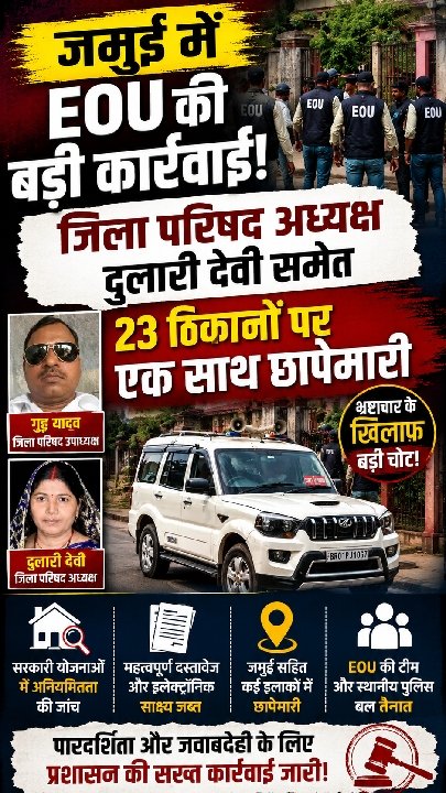 जमुई में ईओयू की बड़ी कार्रवाई, 23 ठिकानों पर छापेमारी जारी