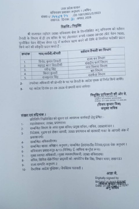 यूपी सचिवालय में बड़े पैमाने पर प्रमोशन, गिरीश चंद्र मिश्रा बने विशेष सचिव