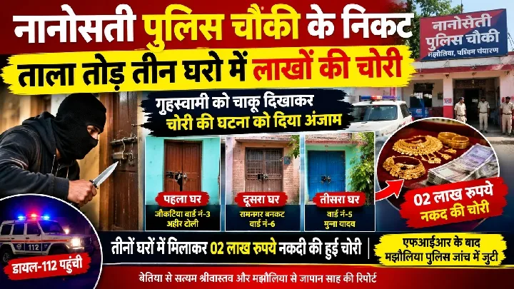 पुलिस चौकी से 500 मीटर दूर तीन घरों में चोरी, चाकू दिखाकर डराया
