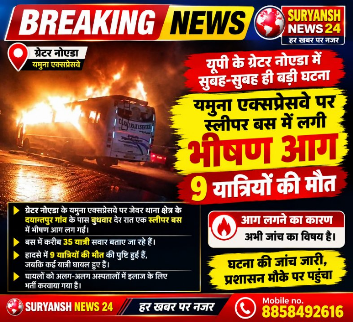 ग्रेटर नोएडा में बस में लगी आग, 9 यात्रियों की मौत