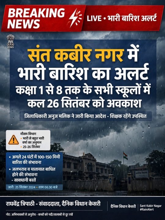 संत कबीर नगर में भारी बारिश का अलर्ट, कक्षा 1 से 8 तक के स्कूल बंद